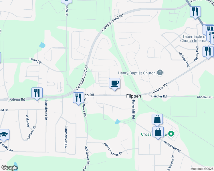 map of restaurants, bars, coffee shops, grocery stores, and more near 1269 Winwood Drive in McDonough