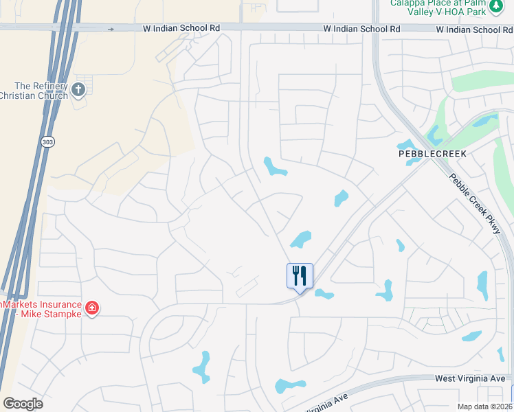 map of restaurants, bars, coffee shops, grocery stores, and more near 16303 West Cheery Lynn Road in Goodyear