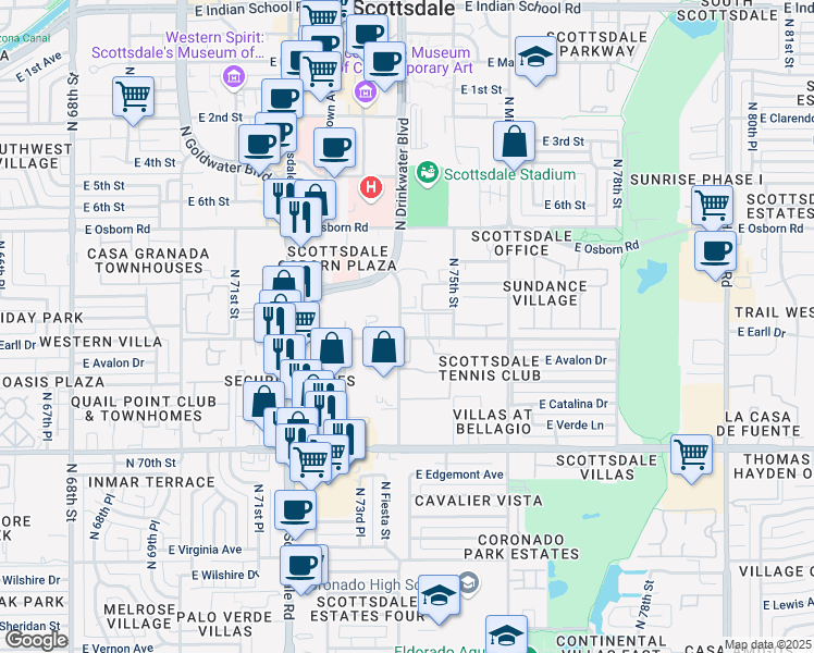 map of restaurants, bars, coffee shops, grocery stores, and more near 7474 East Earll Drive in Scottsdale