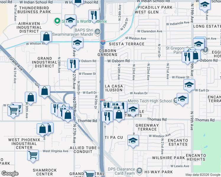 map of restaurants, bars, coffee shops, grocery stores, and more near 3049 North 24th Lane in Phoenix
