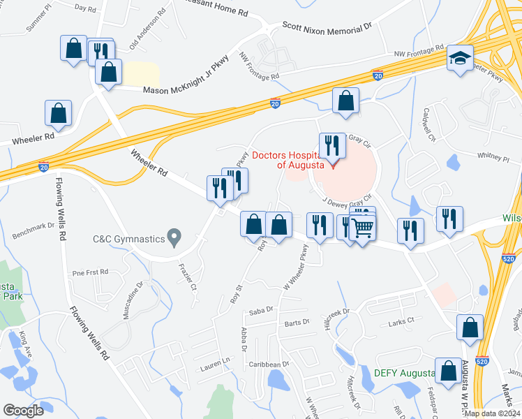 map of restaurants, bars, coffee shops, grocery stores, and more near 3725 Wheeler Road in Augusta
