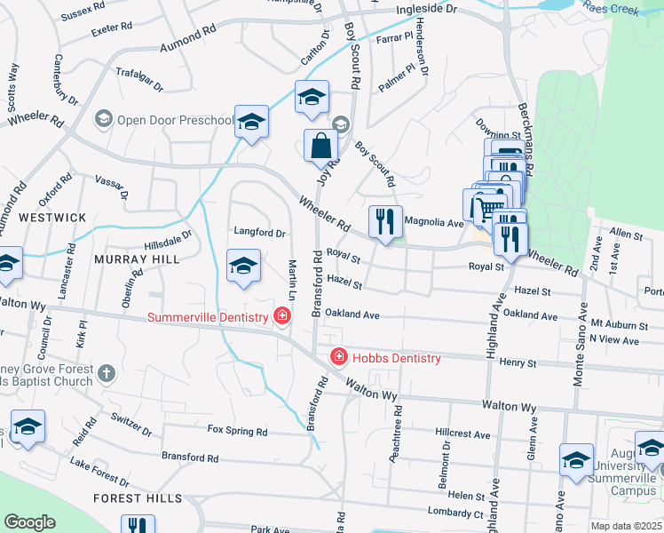 map of restaurants, bars, coffee shops, grocery stores, and more near 617 Jefferson Drive in Augusta