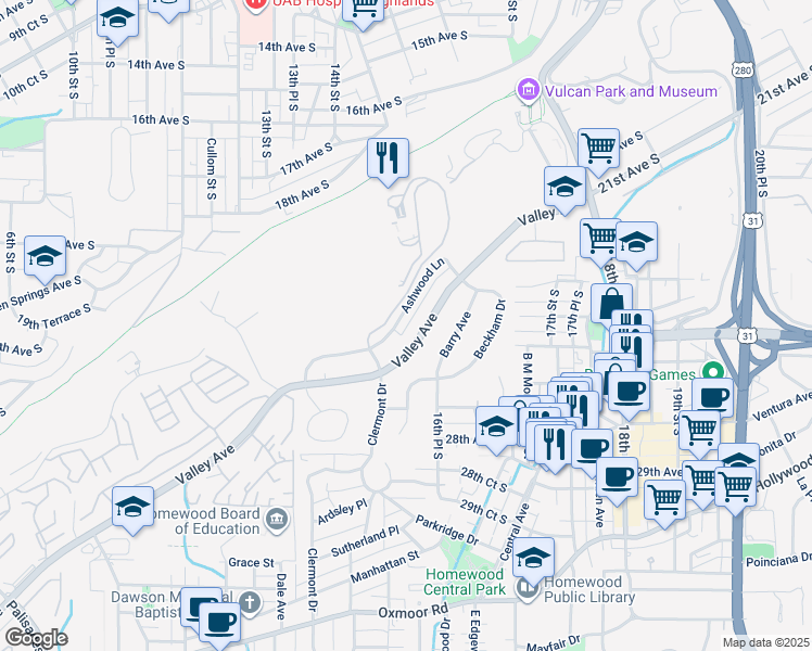 map of restaurants, bars, coffee shops, grocery stores, and more near 1643 Ashwood Lane in Homewood