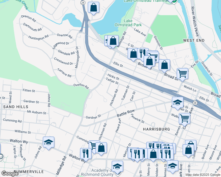 map of restaurants, bars, coffee shops, grocery stores, and more near 506 Beaufort Drive in Augusta