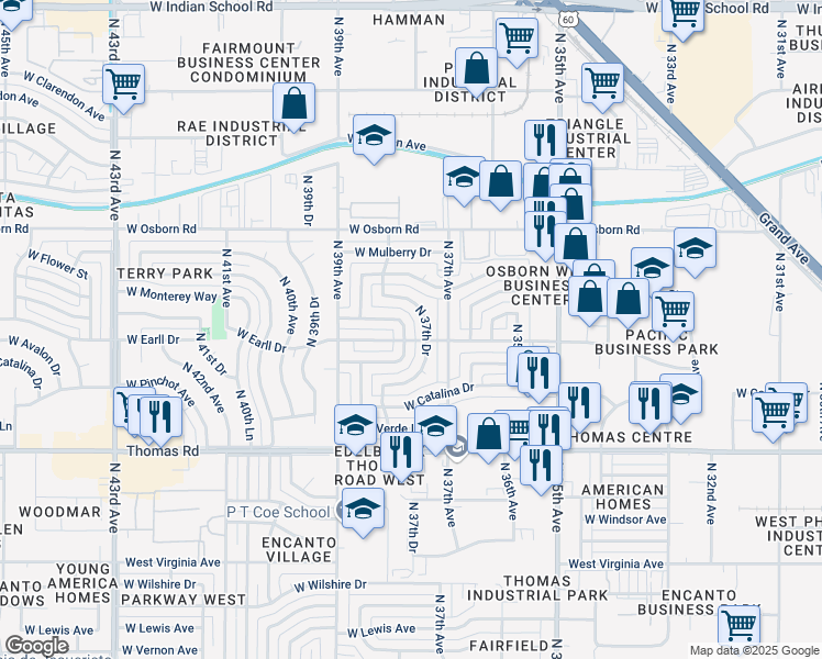 map of restaurants, bars, coffee shops, grocery stores, and more near 3744 W Cheery Lynn Rd in Phoenix