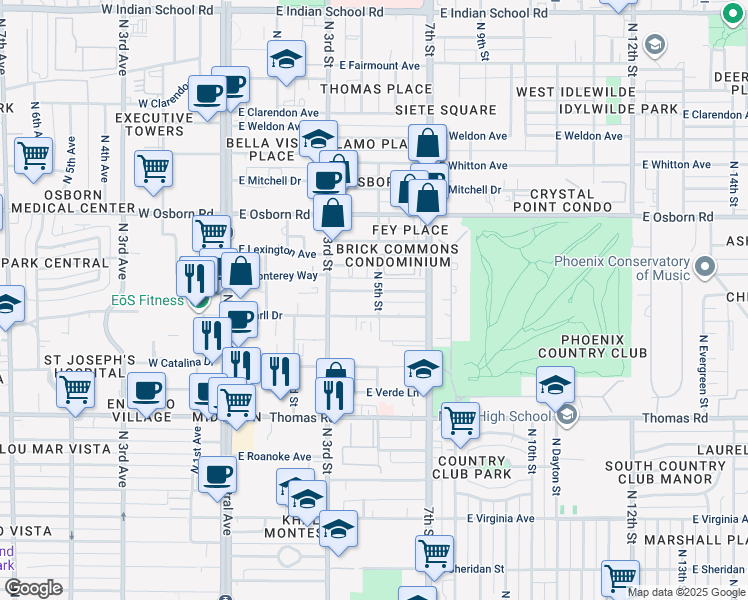 map of restaurants, bars, coffee shops, grocery stores, and more near 400 East Earll Drive in Phoenix