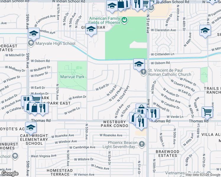 map of restaurants, bars, coffee shops, grocery stores, and more near 3032 North 53rd Drive in Phoenix