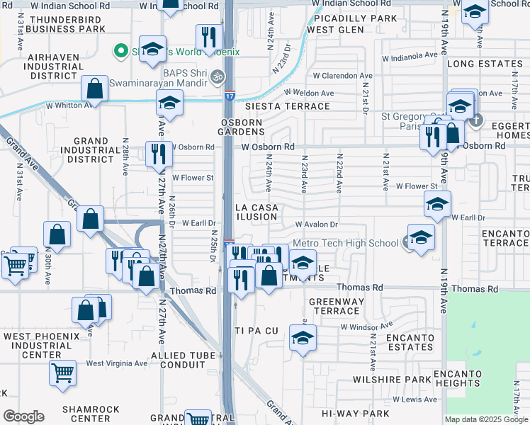 map of restaurants, bars, coffee shops, grocery stores, and more near 3049 North 24th Lane in Phoenix