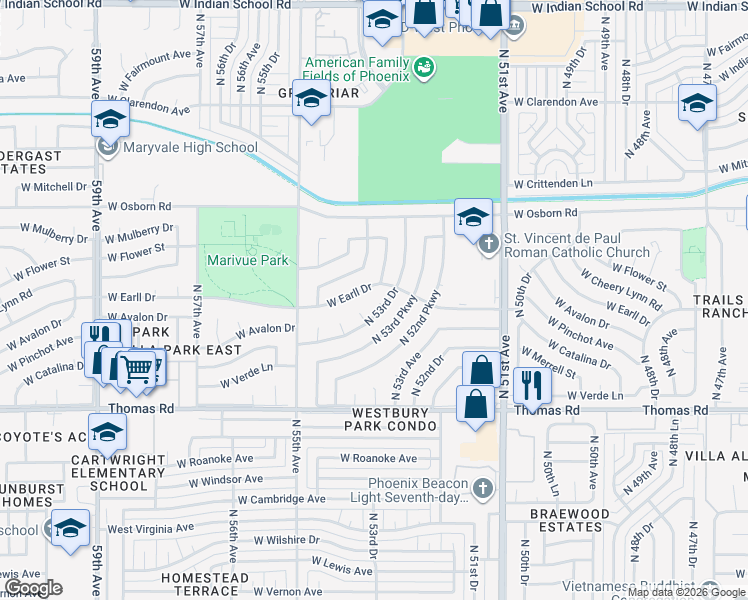 map of restaurants, bars, coffee shops, grocery stores, and more near 3032 North 53rd Drive in Phoenix