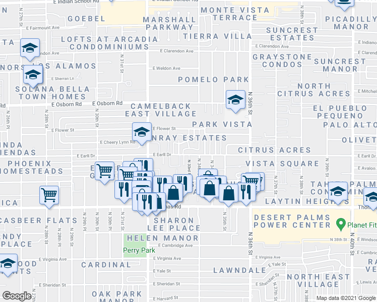 map of restaurants, bars, coffee shops, grocery stores, and more near 3340 East Earll Drive in Phoenix