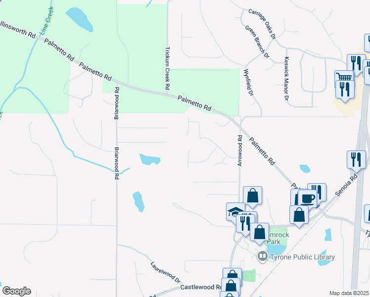 map of restaurants, bars, coffee shops, grocery stores, and more near 205 Wildwood Court in Tyrone