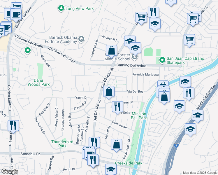 map of restaurants, bars, coffee shops, grocery stores, and more near 32956 Calle Del Tesoro in San Juan Capistrano