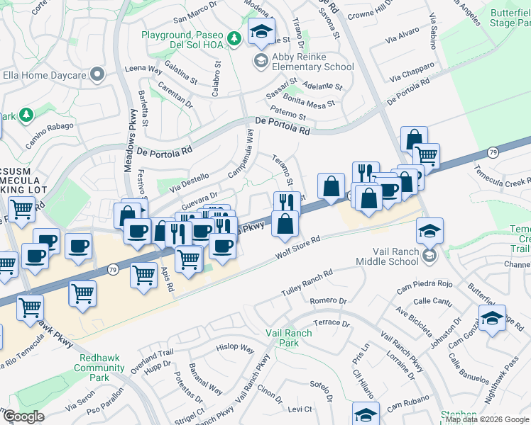map of restaurants, bars, coffee shops, grocery stores, and more near 32771 Rovato Street in Temecula