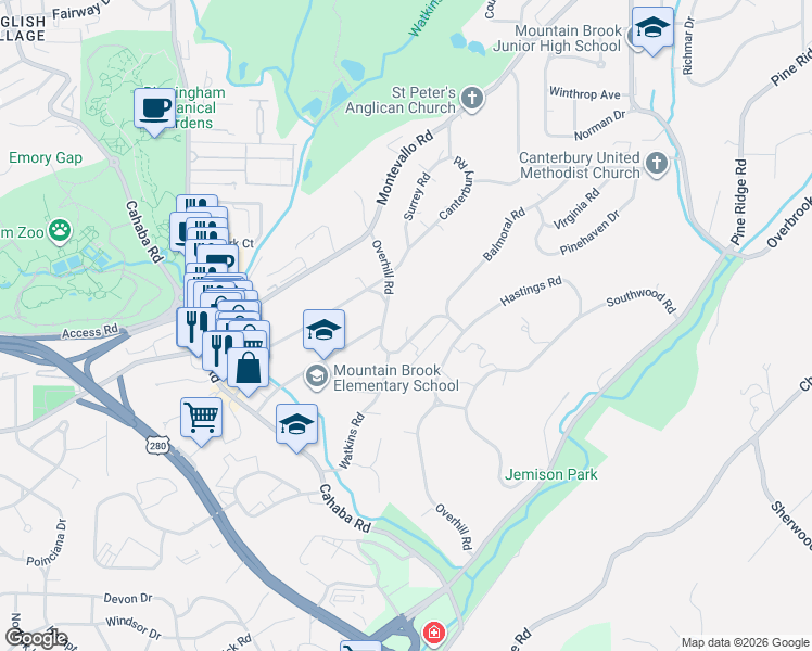 map of restaurants, bars, coffee shops, grocery stores, and more near 3025 Overhill Road in Birmingham