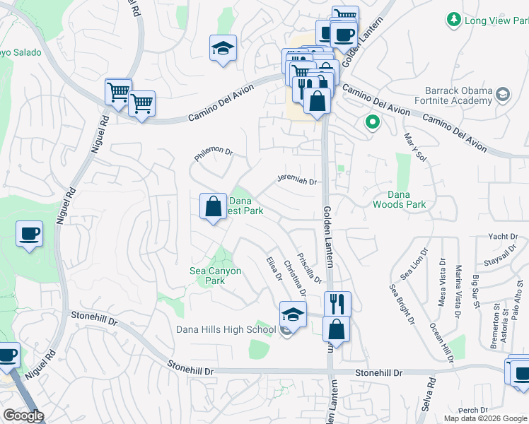 map of restaurants, bars, coffee shops, grocery stores, and more near 24531 Priscilla Drive in Dana Point