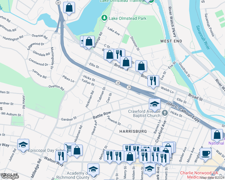 map of restaurants, bars, coffee shops, grocery stores, and more near 2057 Telfair Street in Augusta