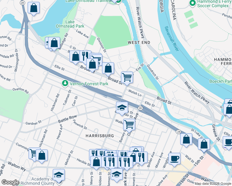 map of restaurants, bars, coffee shops, grocery stores, and more near 1924 Ellis Street in Augusta