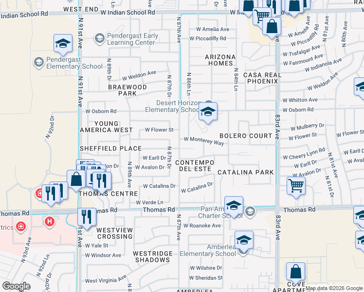 map of restaurants, bars, coffee shops, grocery stores, and more near 8668 West Cheery Lynn Road in Phoenix