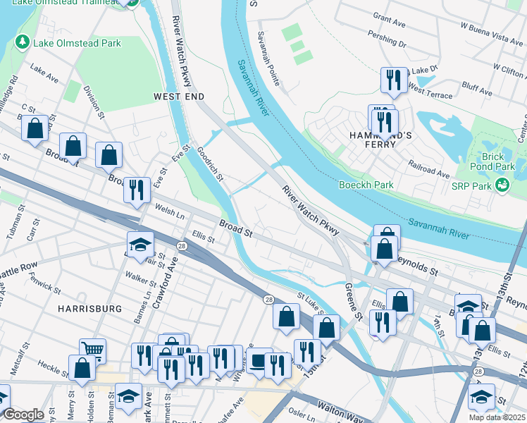 map of restaurants, bars, coffee shops, grocery stores, and more near 1701-1703 Goodrich Street in Augusta