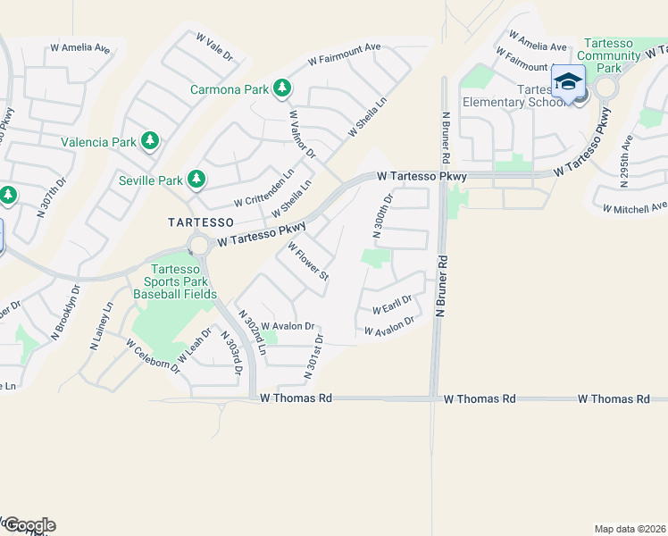 map of restaurants, bars, coffee shops, grocery stores, and more near 3351 North 301st Drive in Buckeye
