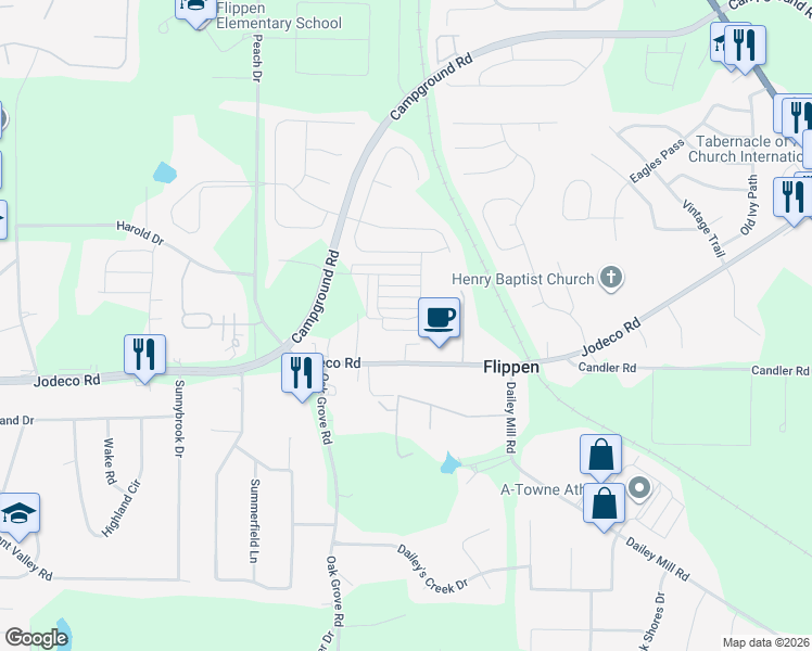 map of restaurants, bars, coffee shops, grocery stores, and more near 1273 Winwood Drive in McDonough