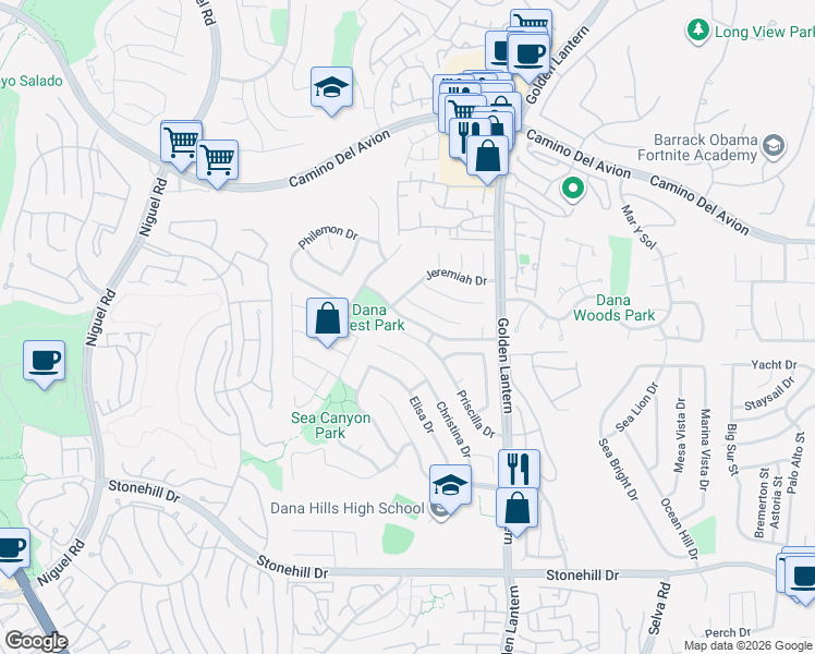 map of restaurants, bars, coffee shops, grocery stores, and more near 24531 Priscilla Drive in Dana Point