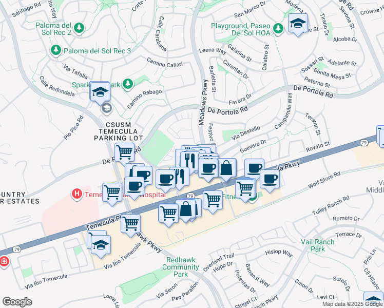 map of restaurants, bars, coffee shops, grocery stores, and more near 32031 Campanula Way in Temecula