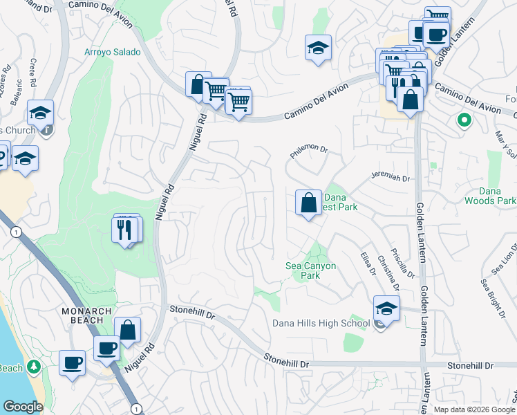 map of restaurants, bars, coffee shops, grocery stores, and more near 16 Saint John in Dana Point