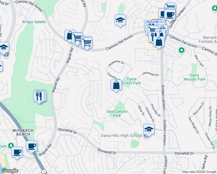 map of restaurants, bars, coffee shops, grocery stores, and more near 32931 Buccaneer Street in Dana Point