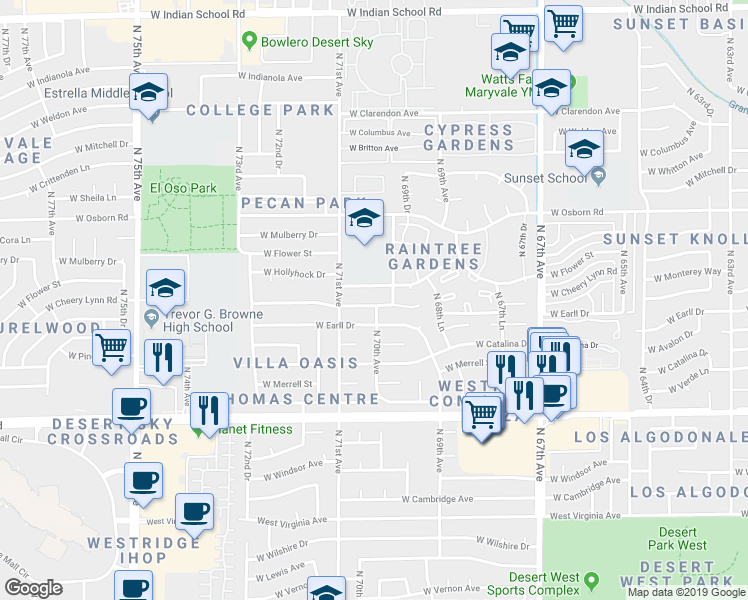 map of restaurants, bars, coffee shops, grocery stores, and more near 6954 West Monterey Way in Phoenix