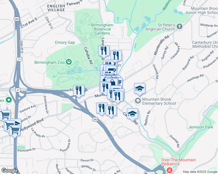 map of restaurants, bars, coffee shops, grocery stores, and more near 2714 Culver Road in Birmingham