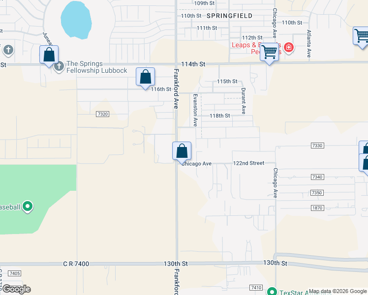 map of restaurants, bars, coffee shops, grocery stores, and more near 12001 Frankford Avenue in Lubbock