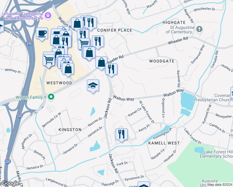 map of restaurants, bars, coffee shops, grocery stores, and more near 3111 Walton Way Extension in Augusta