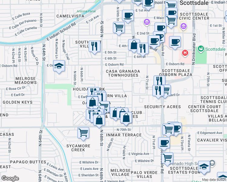 map of restaurants, bars, coffee shops, grocery stores, and more near 6835 East Cheery Lynn Road in Scottsdale