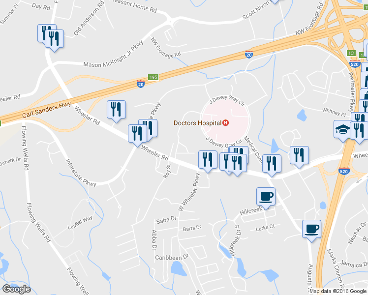 map of restaurants, bars, coffee shops, grocery stores, and more near 3721 Wheeler Road in Augusta