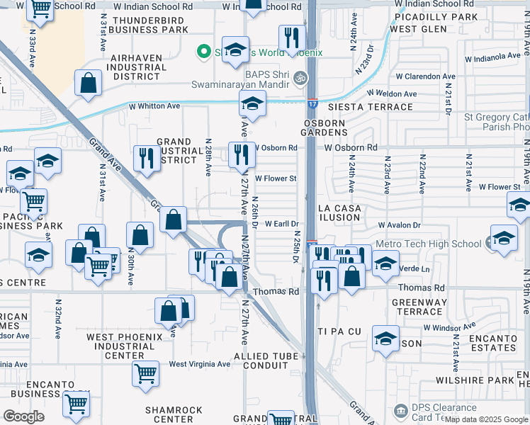 map of restaurants, bars, coffee shops, grocery stores, and more near 2617 West Cheery Lynn Road in Phoenix