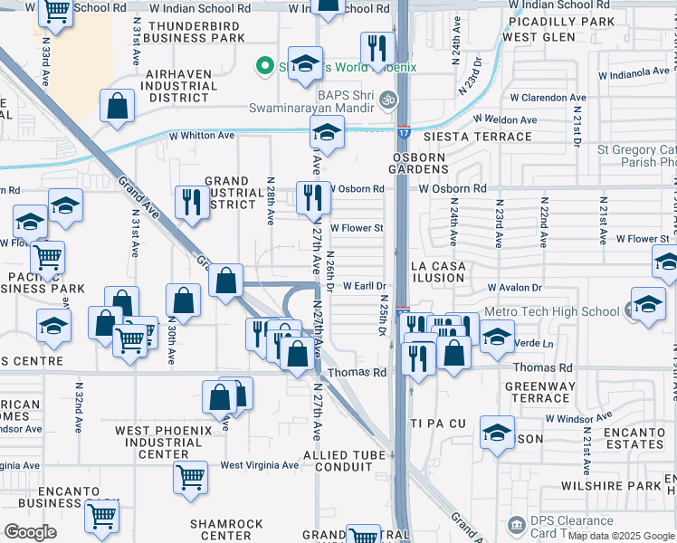 map of restaurants, bars, coffee shops, grocery stores, and more near 2617 West Cheery Lynn Road in Phoenix