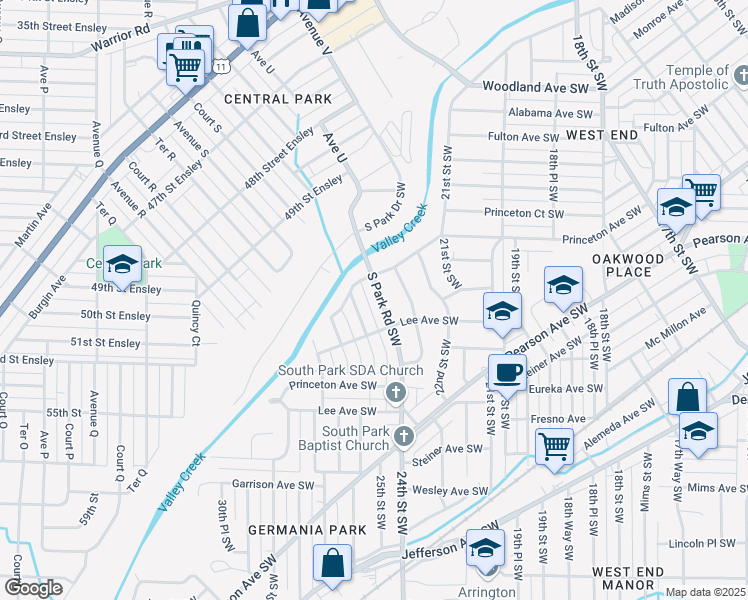 map of restaurants, bars, coffee shops, grocery stores, and more near 220 S Park Road Southwest in Birmingham