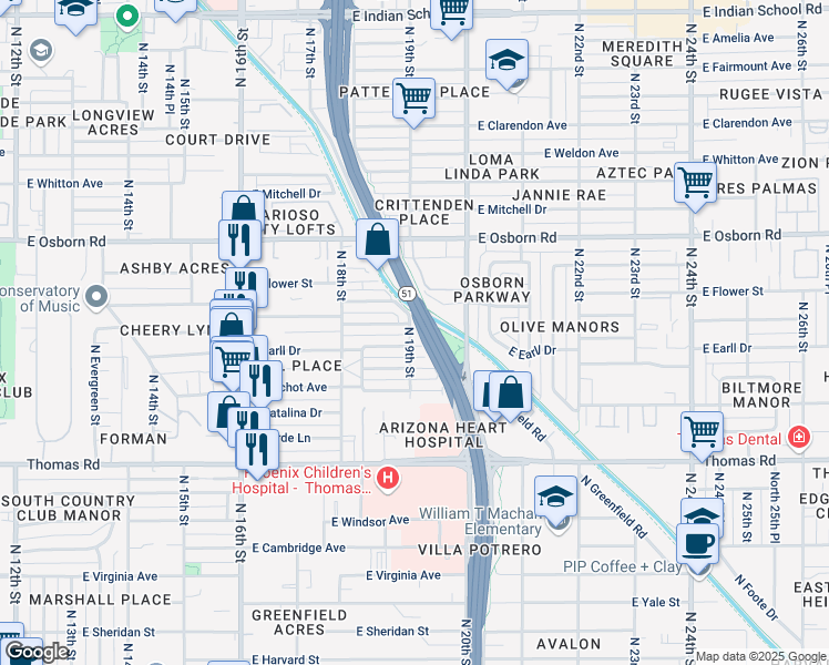 map of restaurants, bars, coffee shops, grocery stores, and more near 3201 North 19th Street in Phoenix