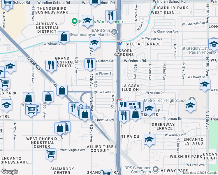 map of restaurants, bars, coffee shops, grocery stores, and more near 2541 W Cheery Lynn Rd in Phoenix