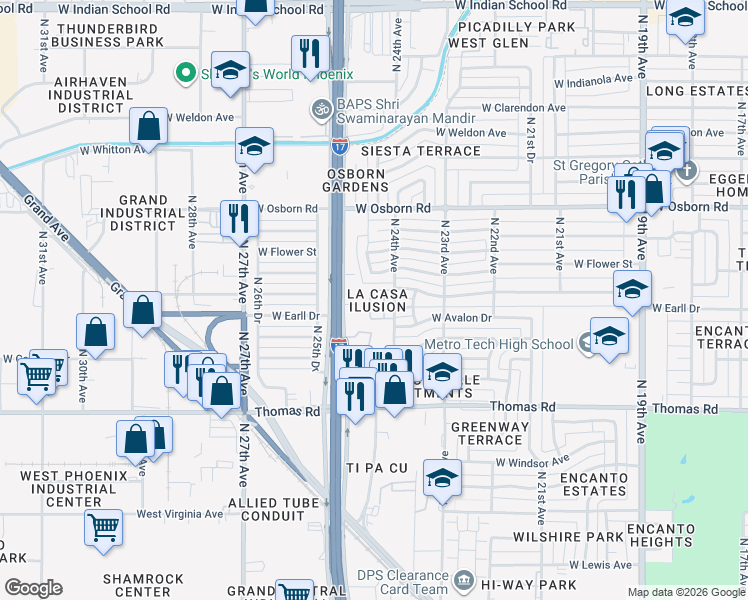 map of restaurants, bars, coffee shops, grocery stores, and more near 3049 North 24th Lane in Phoenix