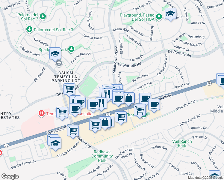 map of restaurants, bars, coffee shops, grocery stores, and more near 32061 Campanula Way in Temecula