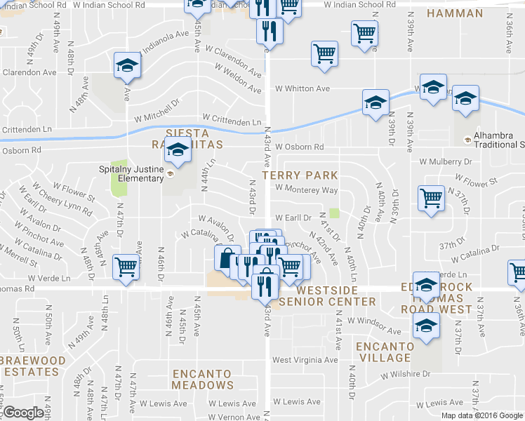 map of restaurants, bars, coffee shops, grocery stores, and more near 3108 N 43rd Ave in Phoenix