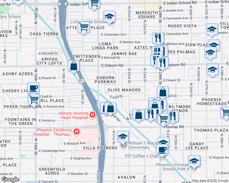 map of restaurants, bars, coffee shops, grocery stores, and more near 3122 North 21st Street in Phoenix