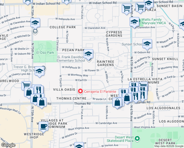 map of restaurants, bars, coffee shops, grocery stores, and more near 6954 West Monterey Way in Phoenix