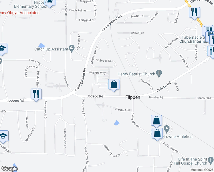 map of restaurants, bars, coffee shops, grocery stores, and more near 1265 Winwood Drive in McDonough