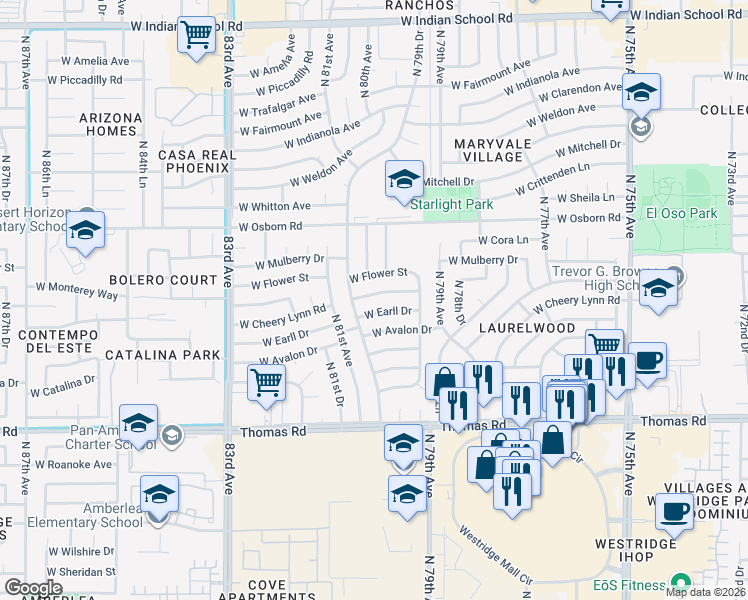 map of restaurants, bars, coffee shops, grocery stores, and more near 8009 West Cheery Lynn Road in Phoenix