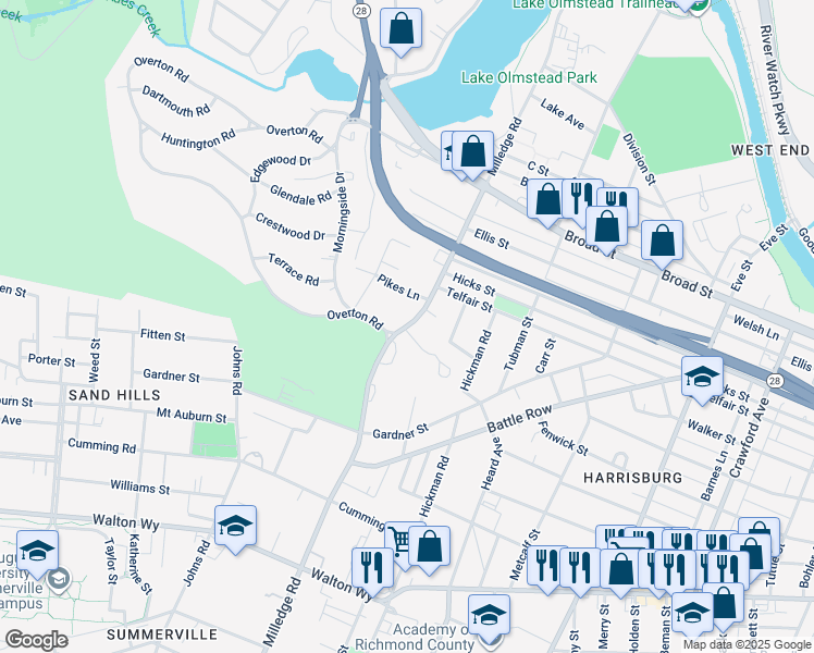 map of restaurants, bars, coffee shops, grocery stores, and more near 425 Milledge Road in Augusta