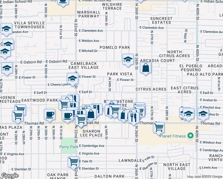 map of restaurants, bars, coffee shops, grocery stores, and more near 3105 North 34th Street in Phoenix