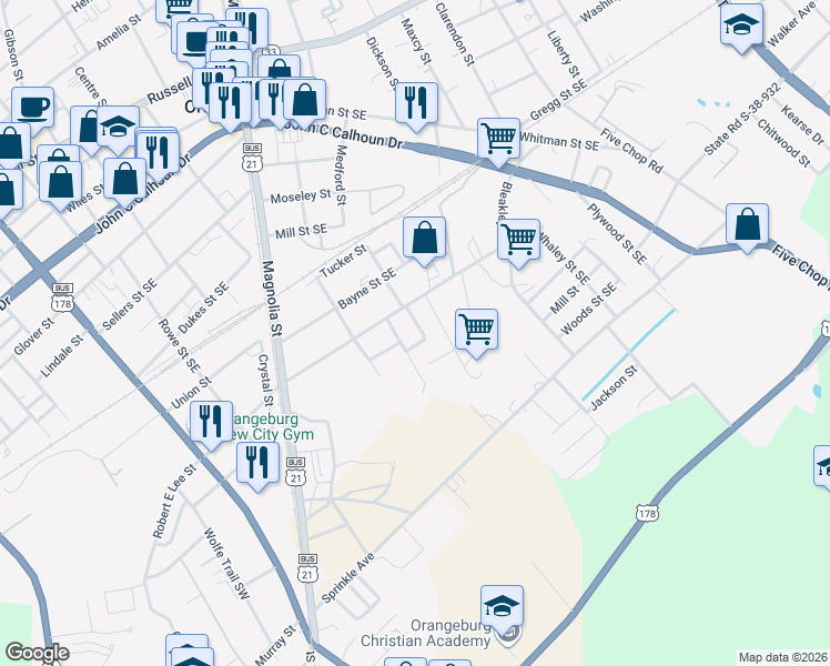 map of restaurants, bars, coffee shops, grocery stores, and more near 976 Hammock Street in Orangeburg